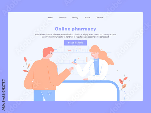Doctor pharmacist and patient in drugstore. Landing page template for online pharmacy. Flat vector illustration.