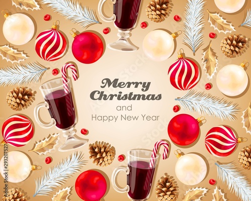 Christmas card with mulled wine and decorations