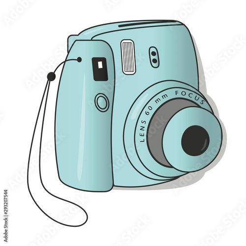 Teal, vintage instant camera vector illustration, front view with 45 degree movement.