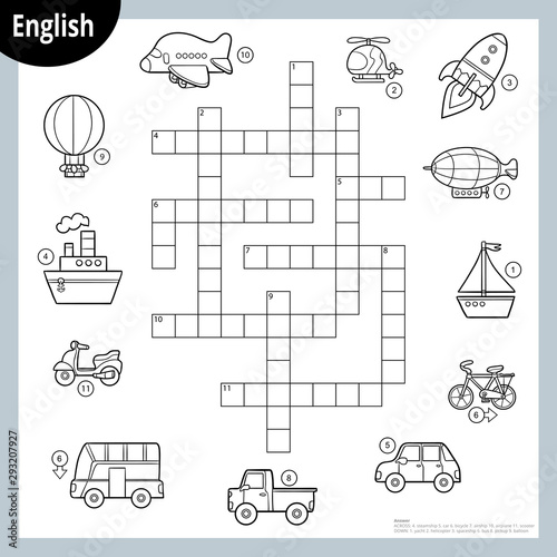 Vector crossword in English, education game for children. Cartoon set of transport