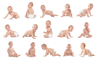Cute little baby crawling on white background