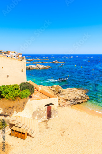 Beautiful sandy beach in fishing village of Calella de Palafrugell, Costa Brava, Catalonia, Spain