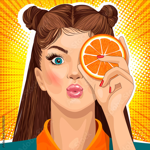 Female face. Sexy young woman. Vector bright background in pop art retro comic style. Beautiful pink lips. Orange in a female hand.