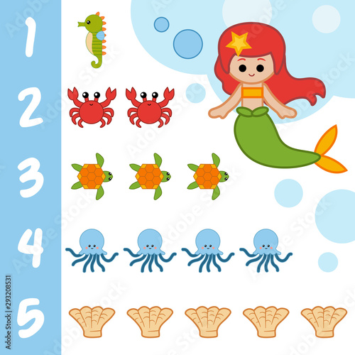 Educational poster for children about numbers from one to five. Learning counts for preschoolers. Little mermaid and sea animals