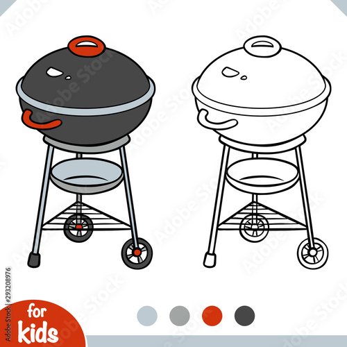 Coloring book. Barbecue Kettle Grill. Black and white cartoon kitchen appliances
