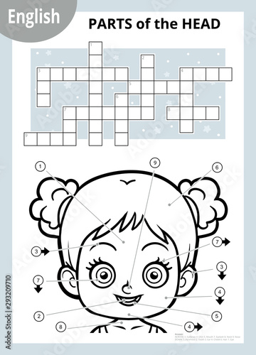 Vector crossword in English, education game for children about the human body. My head parts for a girl.