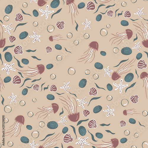 Underwater life seamless vector pattern with posidonia sea grass, starfish, and jelly fish in autumn colors. Surface pattern design for fabric, wallpaper, scrapbooking projects, backgrounds.