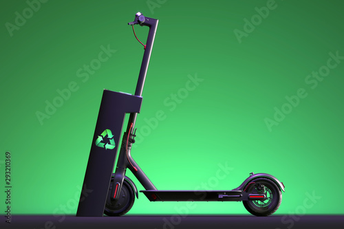 Electric scooter with electric charger. eco alternative transport concept. 3d rendering. Side view. Minimalism. photo