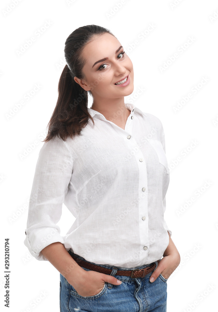 Beautiful young woman in casual outfit on white background Beautiful young woman in casual outfit on white background
