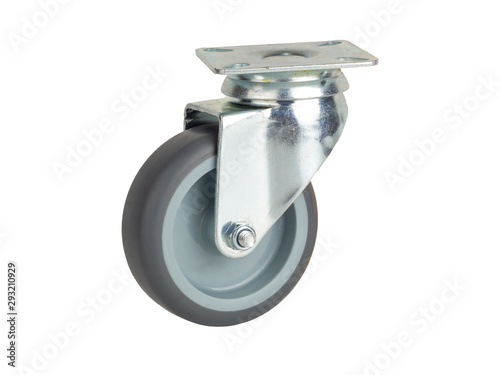 Wheel made of polyamide and gray rubber in a metal bracket isolated on a white background