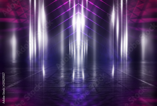 Empty background scene. Dark street reflection on wet asphalt. Rays of neon light in the dark  neon shapes  smoke. Background of an empty stage show. Abstract dark background.