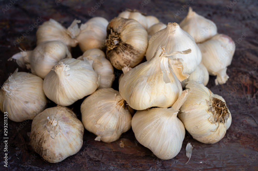 Group of garlic bulbs on a textured surface Group of garlic bulbs on a textured surface