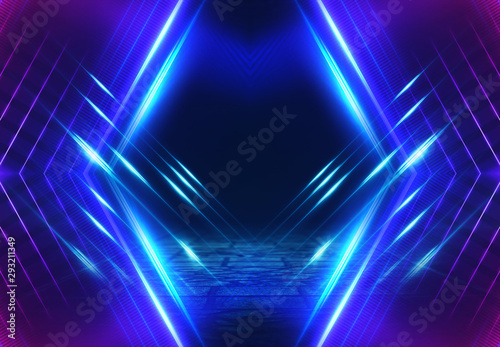 Empty background scene. Dark street reflection on wet asphalt. Rays of neon light in the dark, neon shapes, smoke. Background of an empty stage show. Abstract dark background.