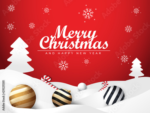 Christmas Snow and Red Background with Ball and Candy Ornament