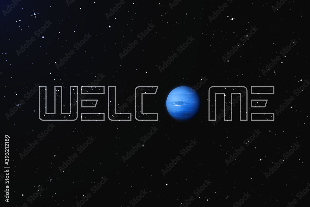 Fototapeta premium Vector illustration with planet Neptune in outer space. Space background with eighth planet of solar system. Realistic blue sphere in galaxy. Celestial object for website or astronomy calendar