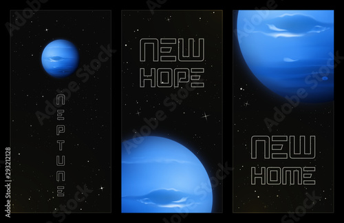 Set of vertical banners with planet Neptune in outer space. Space background with eighth planet of solar system. Cards for design with realistic blue sphere in galaxy. Celestial object for website