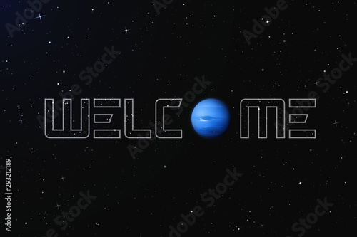 Vector illustration with planet Neptune in outer space. Space background with eighth planet of solar system. Realistic blue sphere in galaxy. Celestial object for website or astronomy calendar