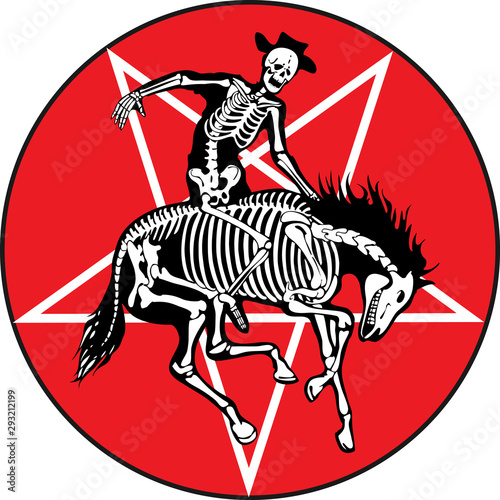 vector image of a cowboy on a horse in a pentogram in the form of a skeleton