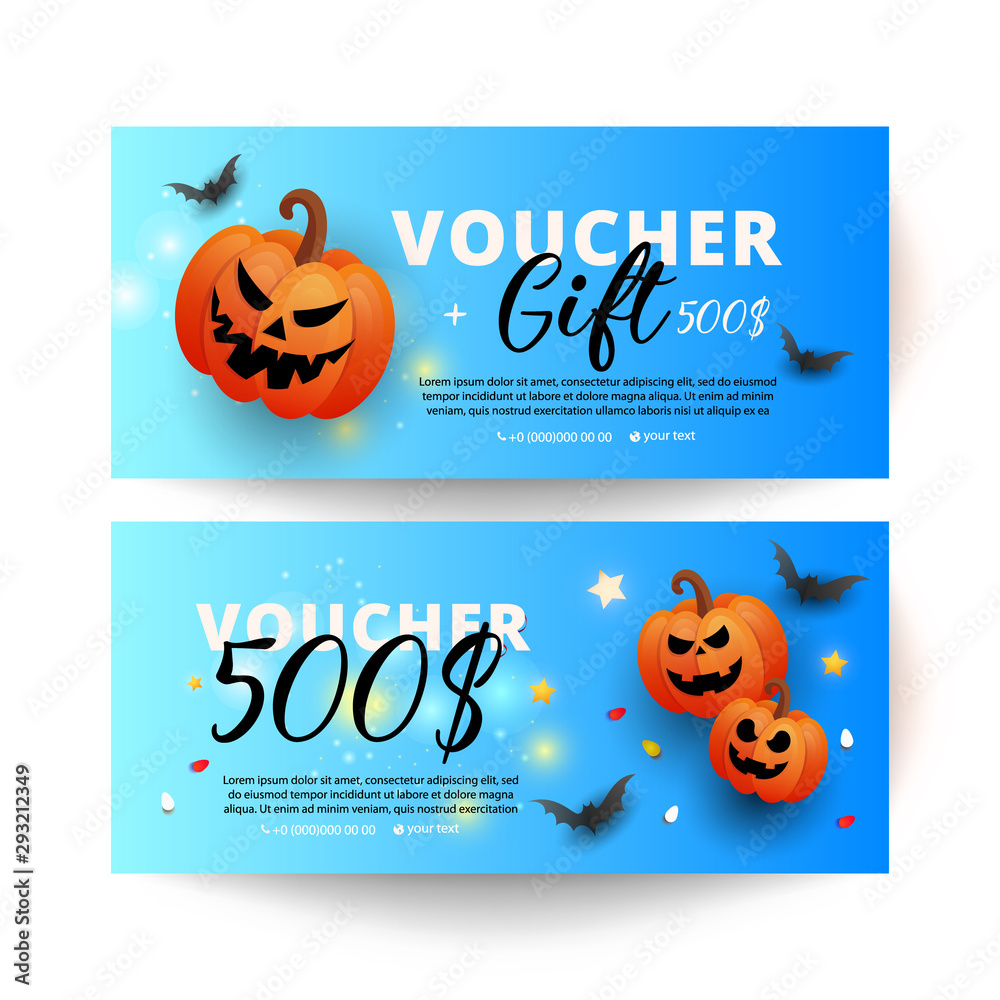 Gift voucher template card with scary faces pumpkins, bats on blue background. Halloween website sale banner, poster or card template. Gift voucher template card with scary faces pumpkins, bats on blue background. Halloween website sale banner, poster or card template.