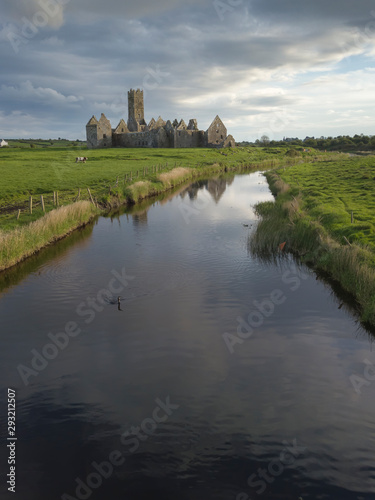 Ross Errilly Friary aerial view with river in the foreground. Co. Galway, Ireland. April, 2019