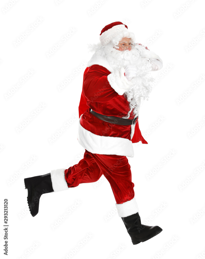 Authentic Santa Claus with bag full of gifts on white background Authentic Santa Claus with bag full of gifts on white background
