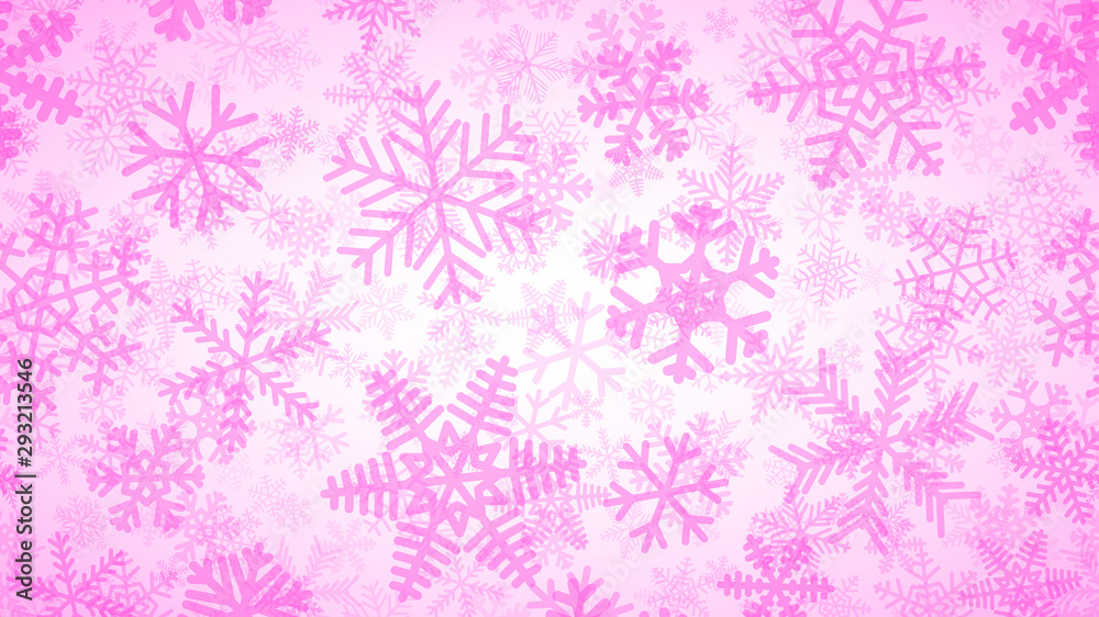 Christmas background of many layers of snowflakes of different shapes, sizes and transparency. Pink on white