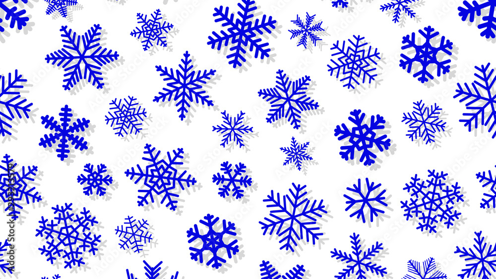 Christmas background of snowflakes of different shapes and sizes with shadows. Blue on white Christmas background of snowflakes of different shapes and sizes with shadows. Blue on white
