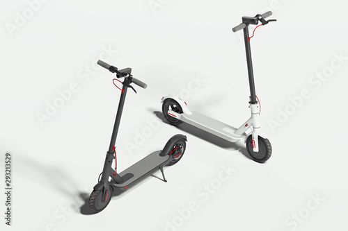 Electric black and white scooters on white background. eco alternative transport concept. 3d rendering. Minimalism.