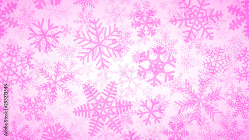 Christmas background of many layers of snowflakes of different shapes, sizes and transparency. Pink on white