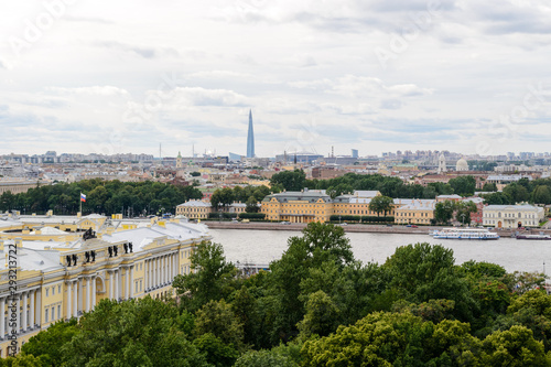 Landscape view of the city of Saint Petersburg, Russia seen from the St. Isaac cathedral. The river Neva charachterise the view.