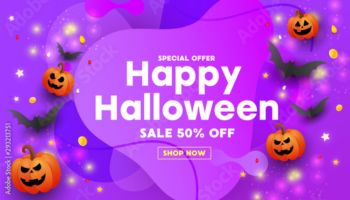 Happy Halloween sale banner or party invitation background with bats, pumpkins, lettering on purple background. Can be used for banner, poster, voucher, offer, coupon, holiday sale.