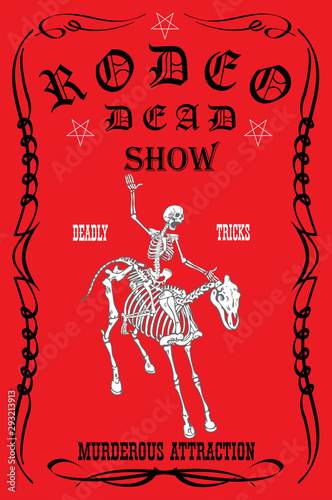 vector image of cowboy skeleton on horse skeleton in rodeo poster style cartoon graphics