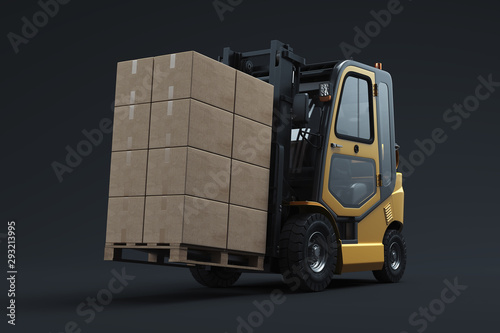 Forklift transporting cargo. Forklift loader. Pallet stacker truck equipment at warehouse. 3d rendering.