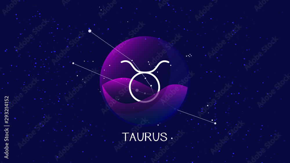 Taurus sign zodiac background. Beautiful and simple illustration of night starry sky with taurus or bull zodiac constellation behind glass sphere with encapsulated taurus sign and constellation name.  - obrazy, fototapety, plakaty 