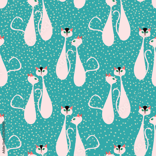 1950s style cats seamless pattern for textiles, paper and kids fashion or decor. Male and female cat couple with elongated bodies and expressive tails. Pink and black, on a textured turquoise ground.