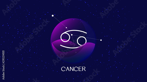 Cancer sign, zodiac background. Beautiful and simple illustration of night, starry sky with cancer zodiac constellation behind glass sphere with encapsulated cancer sign and constellation name. 