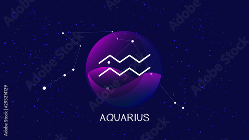 Aquarius sign, zodiac background. Beautiful and simple illustration of night, starry sky with aquarius zodiac constellation behind glass sphere with encapsulated aquarius sign and constellation name. 