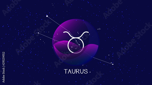 Taurus sign zodiac background. Beautiful and simple illustration of night starry sky with taurus or bull zodiac constellation behind glass sphere with encapsulated taurus sign and constellation name. 