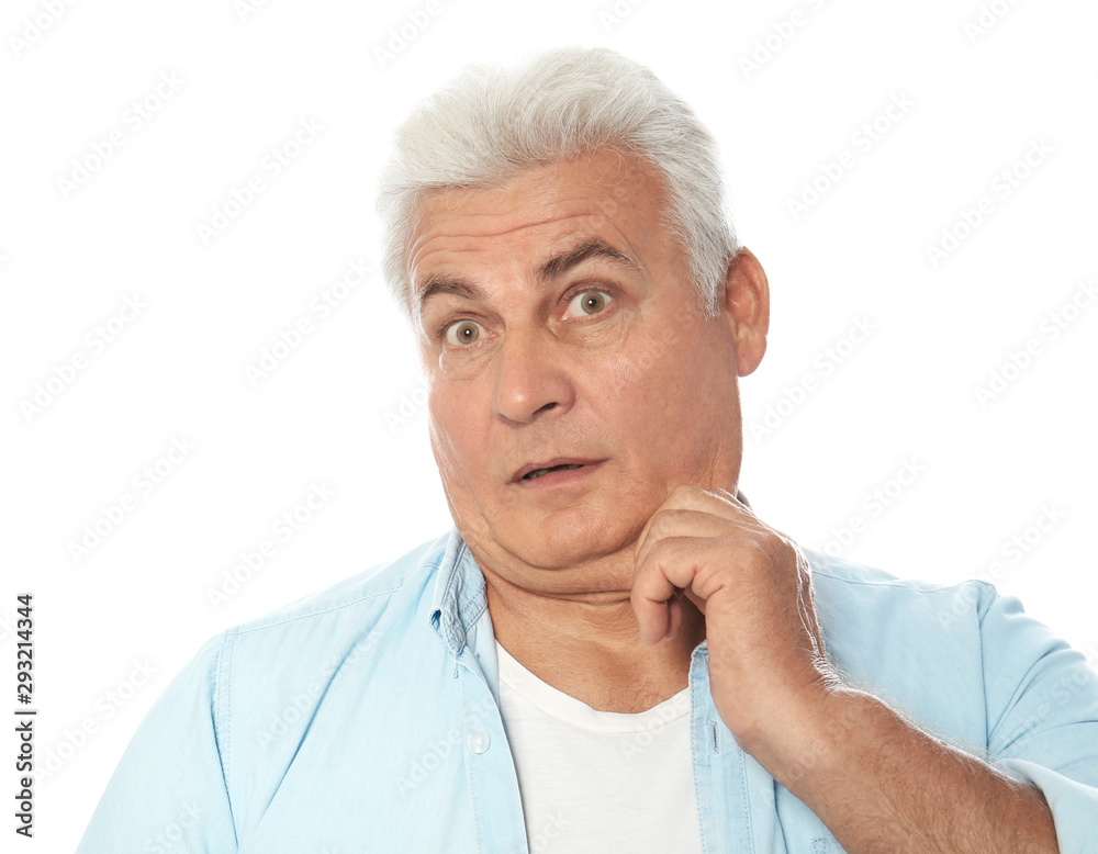 Emotional mature man with double chin on white background Emotional mature man with double chin on white background