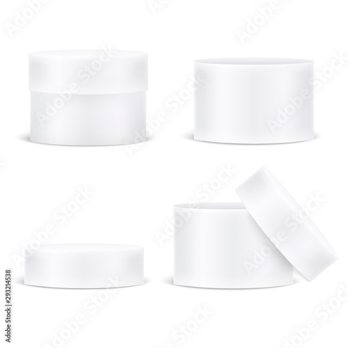 Round white box vector template isolated on white background. Closed and Open gift box. 3d vector illustration set