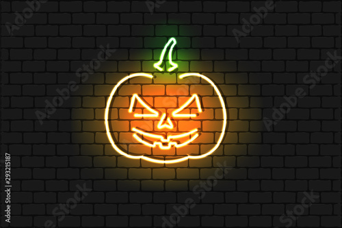 Happy Halloween neon style banner with Jack o lantern on brick wall. Vector illustration of neon halloween pumpkin.