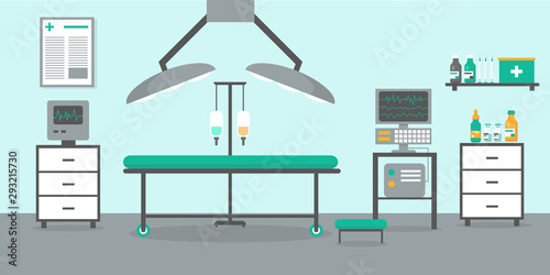 Operating room with bed, lamps and medical equipment. Hospital and clinic interior vector illustration.