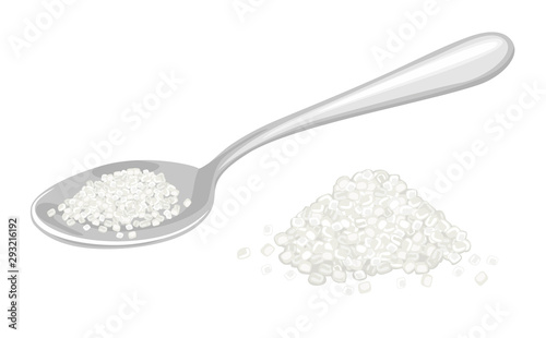 Sugar in metal spoon isolated on white background. Vector illustration of heap of sugar in cartoon flat style.