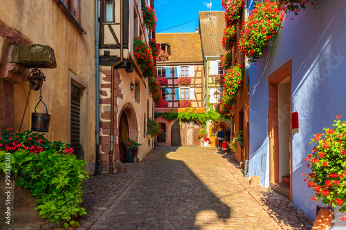 Narrow street and beautiful historic houses in old part of Riquewihr village, wine route in Alsace region, France © pkazmierczak