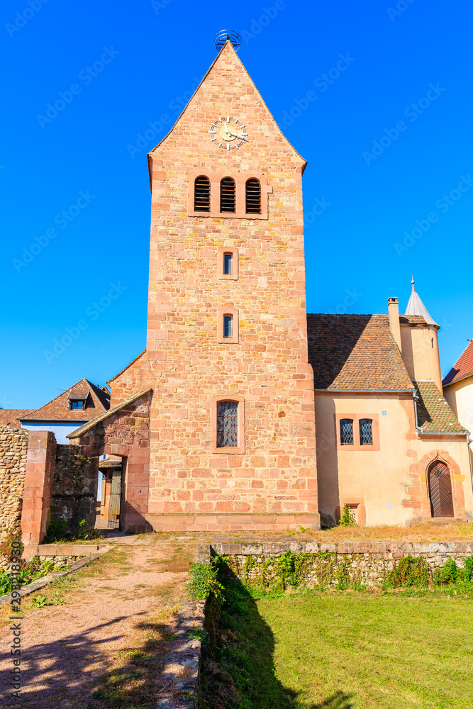Church tower in Kientzheim village on Alsatian Wine Route, France