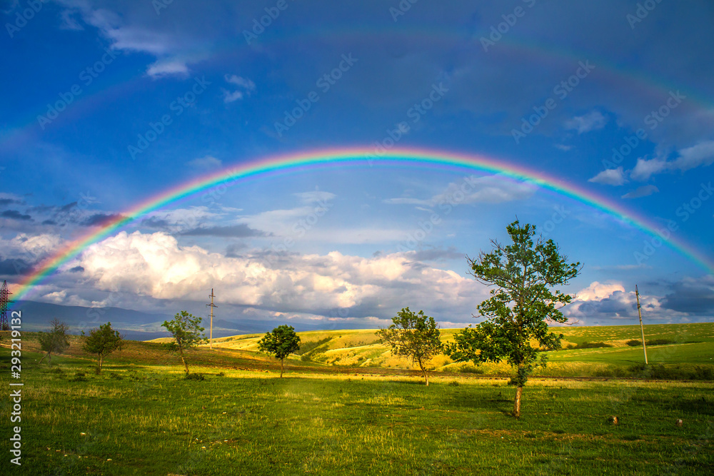Naklejka premium Beautiful landscape with rainbow, green grass field and trees