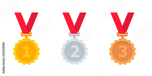 Gold, silver and bronze medal with red ribbon Medal vector icon set. First, second and third place medal isolated on white background. Simple flat style.
