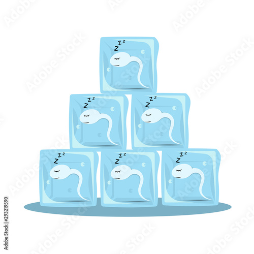Sperm Freezing. Frozen sperm in a cube of ice. Cryopreservation of seeds. Artificial insemination. Sperm bank concept.