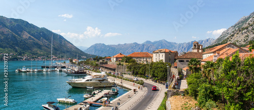 Panoramic view of the Boka Kotor bay and fortress walls of Kotor, Montenegro photo