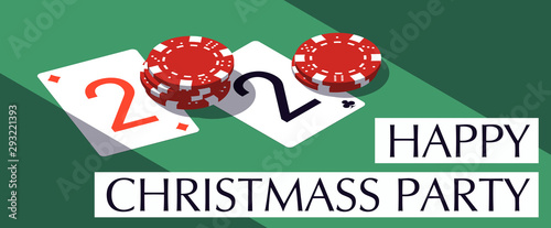 Happy New Year party 2020 casino poker chips and playing cards isometric banner. Greeting card isometry playing cards & chips flyer. 2020 Happy New year banner. Casino isometric Merry Christmas party